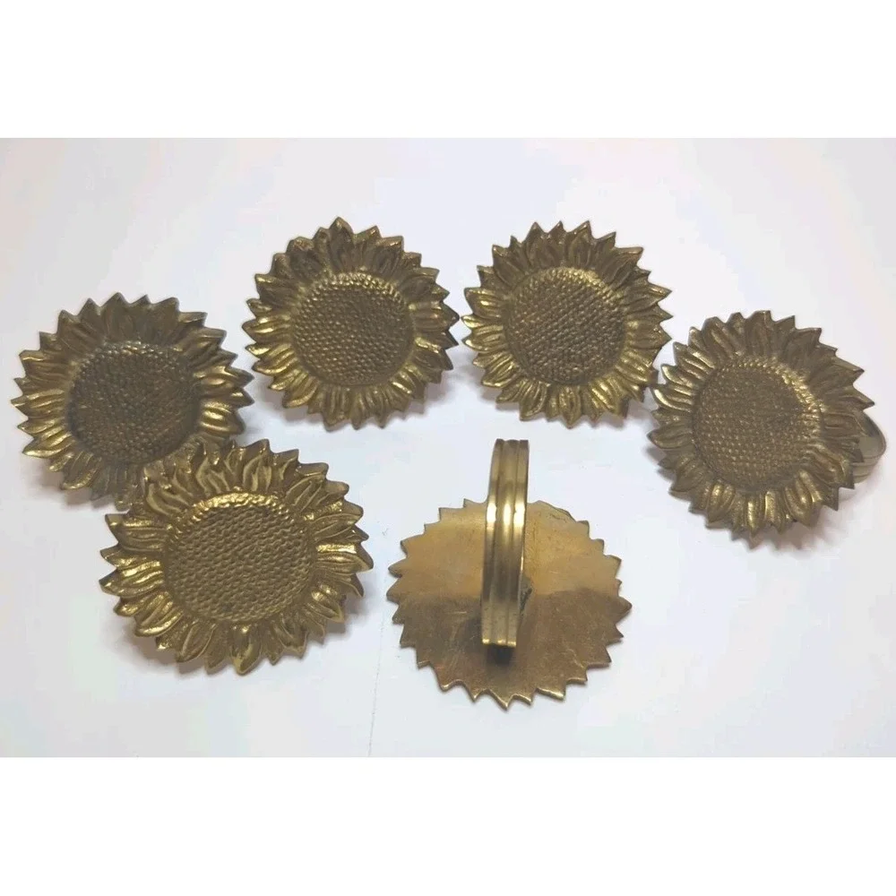 MCM Cast Brass Metal Set 6 Sunflower Napkin Rings Cottagecore Botanical Vintage